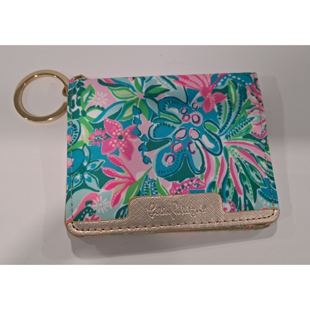 Lilly Pulitzer Snap ID Card Case Keychain Wallet Tropical Floral Pink Blue Gold